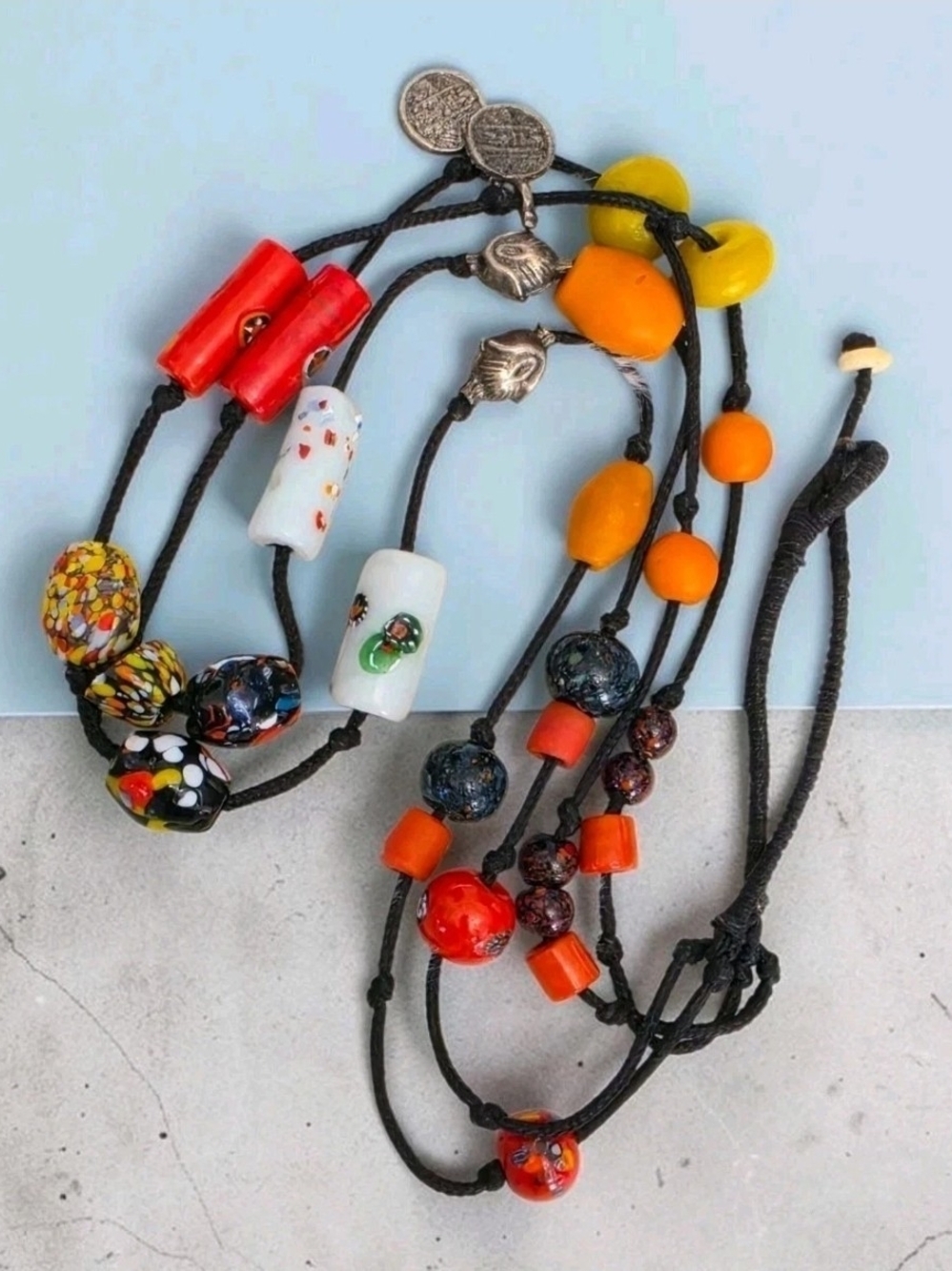 Vintage Artisan Millefiori Mixed Beads Double Strand Hand Knotted Necklace 33"